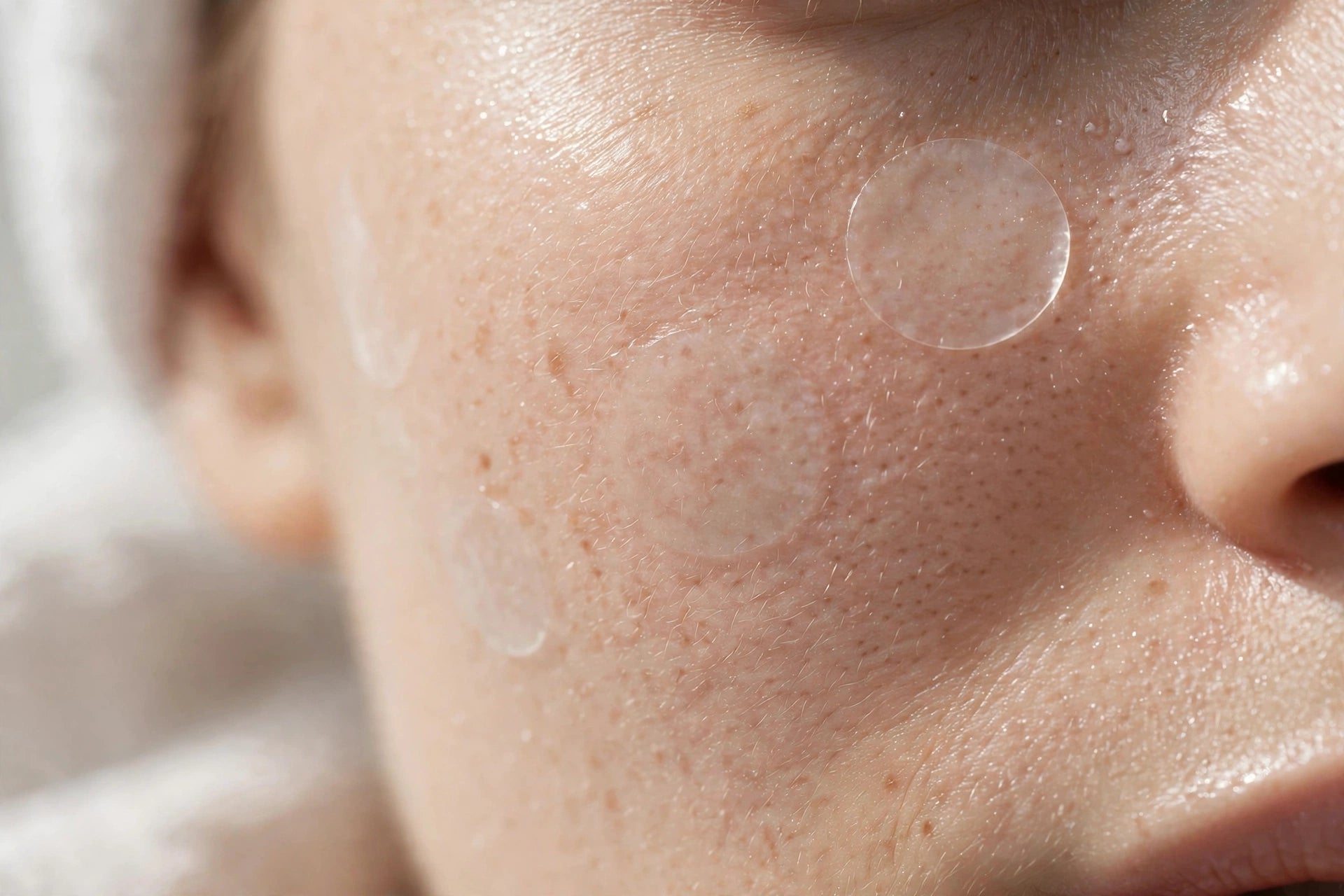 Close-up of invisible SPOT hydrocolloid dots blending into skin