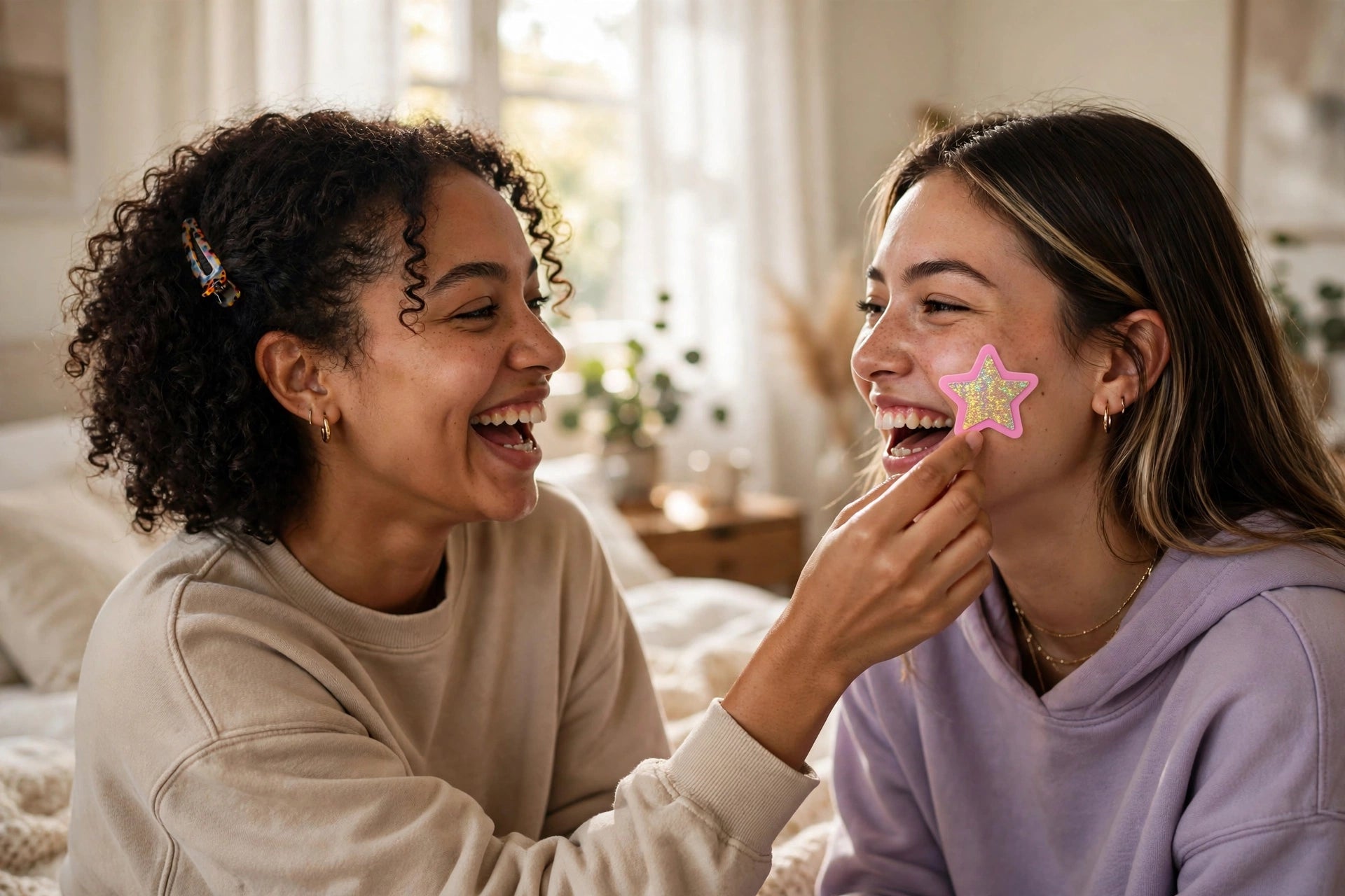 Friends laughing while wearing SPOT star pimple patches